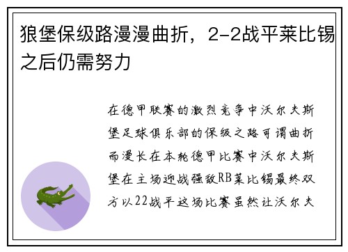 狼堡保级路漫漫曲折，2-2战平莱比锡之后仍需努力